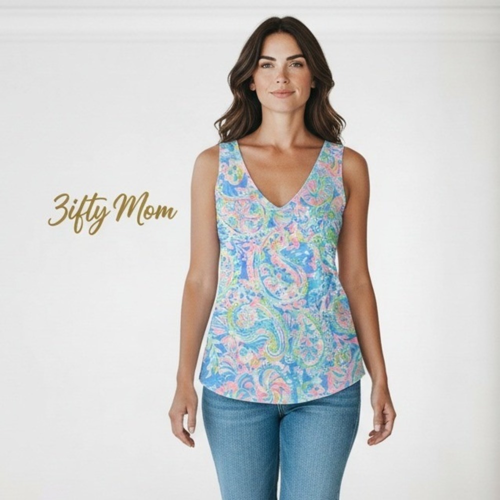 Lilly Pulitzer Womens XS Blue Pink Paisley Seashell V-Neck Slub Knit Tank Top